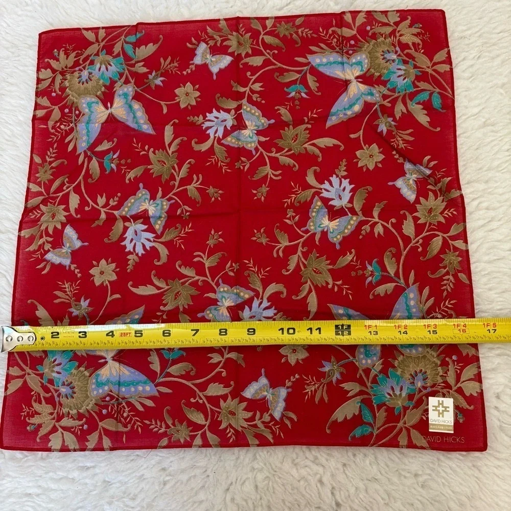 David Hicks Red Floral Butterfly Handkerchief/Bandanna/Scarf 16.5”